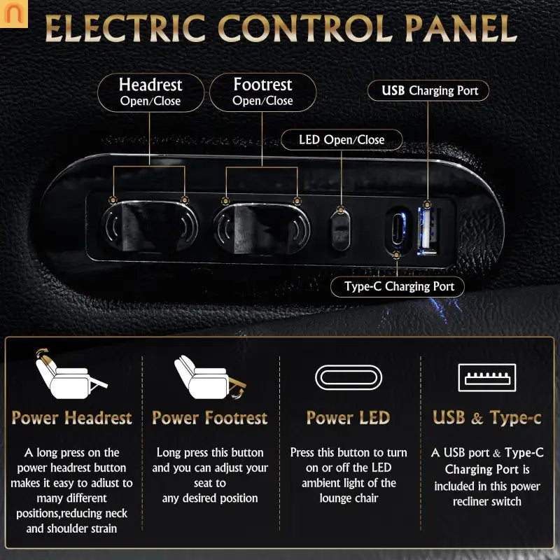 Recliner Top-Grain Leather Black RGB LED USB-C Charging