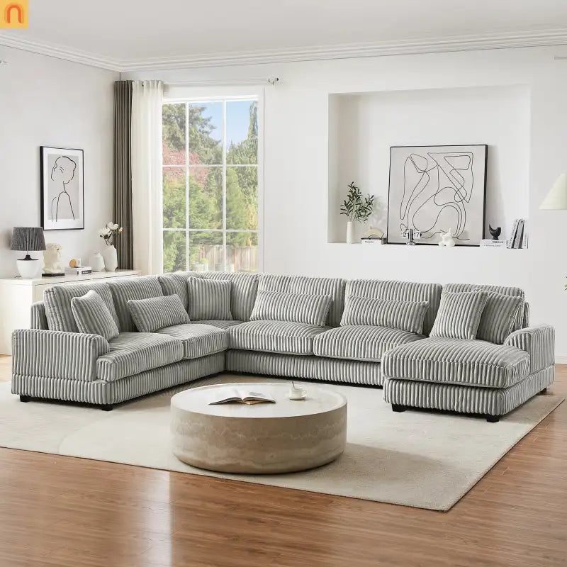 Chaise Lounge Sectional U-Shaped Corduroy Gray 5-Seat 7 Pillows 129in