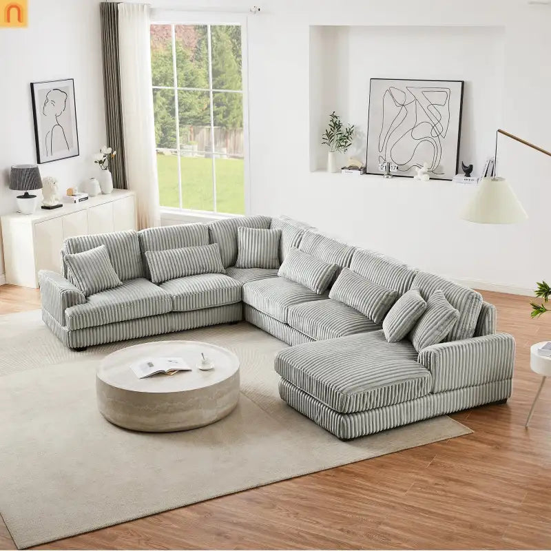 Chaise Lounge Sectional U-Shaped Corduroy Gray 5-Seat 7 Pillows 129in