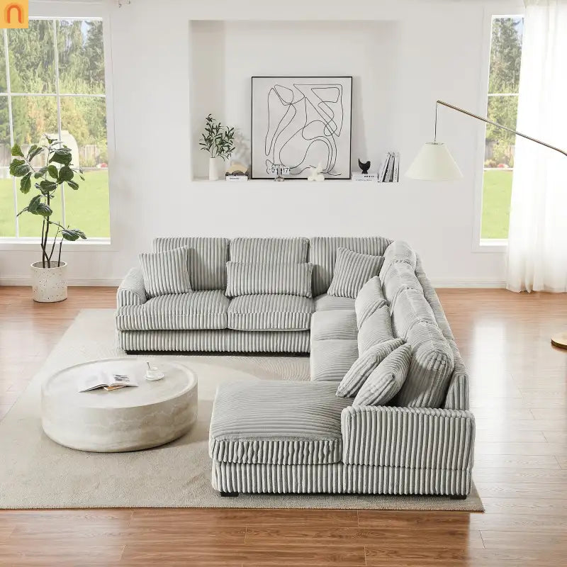 Chaise Lounge Sectional U-Shaped Corduroy Gray 5-Seat 7 Pillows 129in