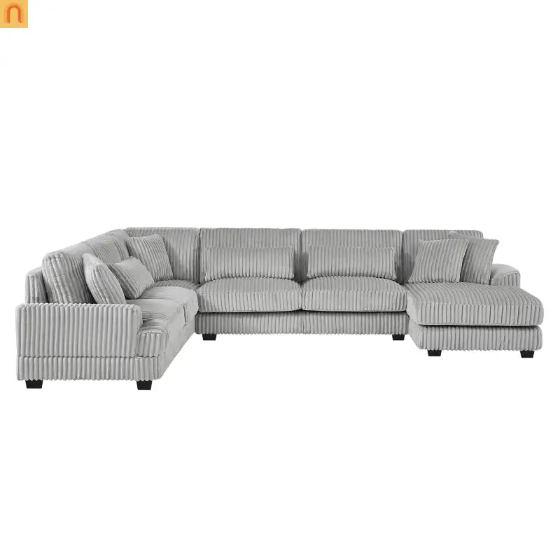 Chaise Lounge Sectional U-Shaped Corduroy Gray 5-Seat 7 Pillows 129in
