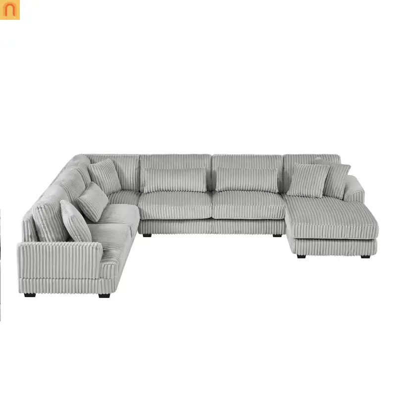 Chaise Lounge Sectional U-Shaped Corduroy Gray 5-Seat 7 Pillows 129in