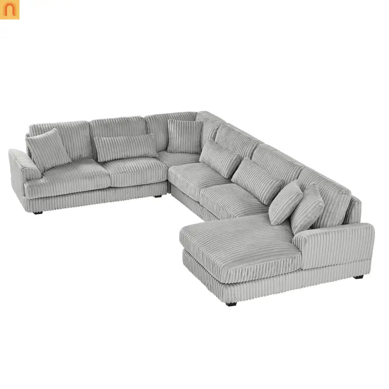 Chaise Lounge Sectional U-Shaped Corduroy Gray 5-Seat 7 Pillows 129in