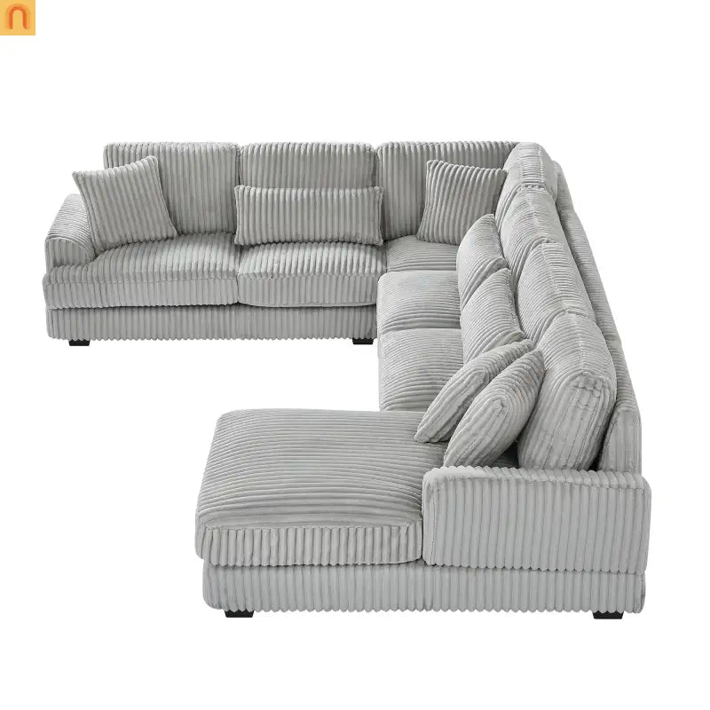 Chaise Lounge Sectional U-Shaped Corduroy Gray 5-Seat 7 Pillows 129in