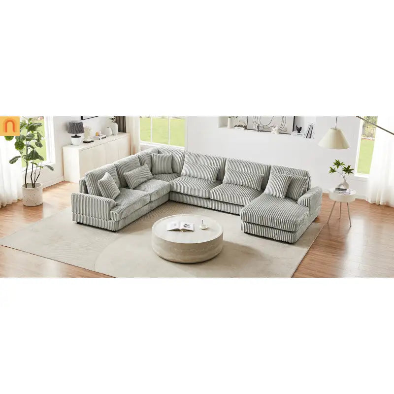 Chaise Lounge Sectional U-Shaped Corduroy Gray 5-Seat 7 Pillows 129in