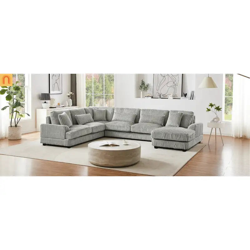 Chaise Lounge Sectional U-Shaped Corduroy Gray 5-Seat 7 Pillows 129in