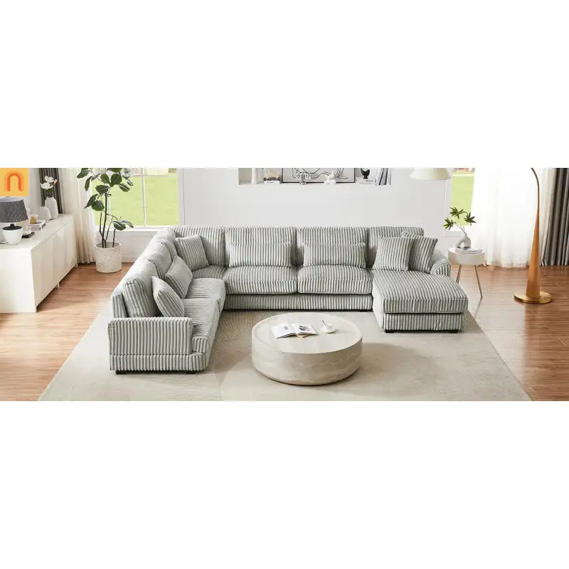 Chaise Lounge Sectional U-Shaped Corduroy Gray 5-Seat 7 Pillows 129in