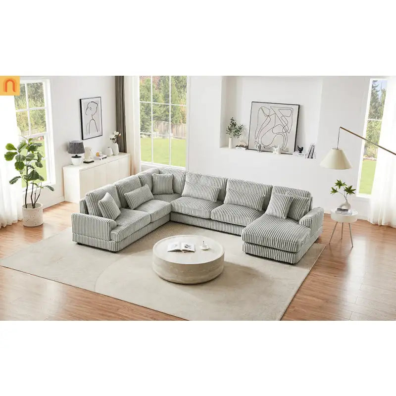 Chaise Lounge Sectional U-Shaped Corduroy Gray 5-Seat 7 Pillows 129in