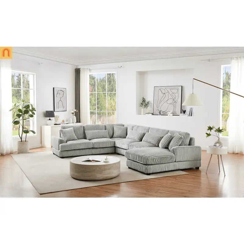Chaise Lounge Sectional U-Shaped Corduroy Gray 5-Seat 7 Pillows 129in