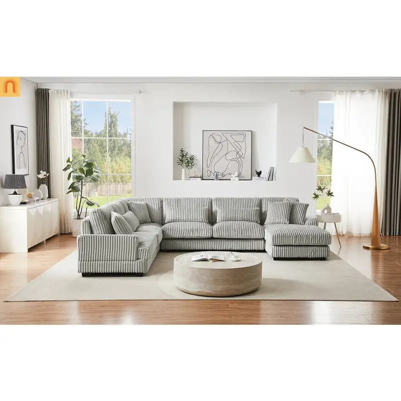 Chaise Lounge Sectional U-Shaped Corduroy Gray 5-Seat 7 Pillows 129in