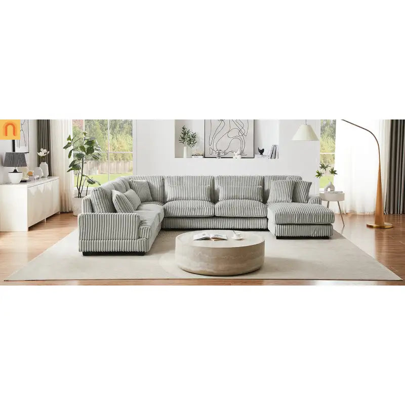 Chaise Lounge Sectional U-Shaped Corduroy Gray 5-Seat 7 Pillows 129in