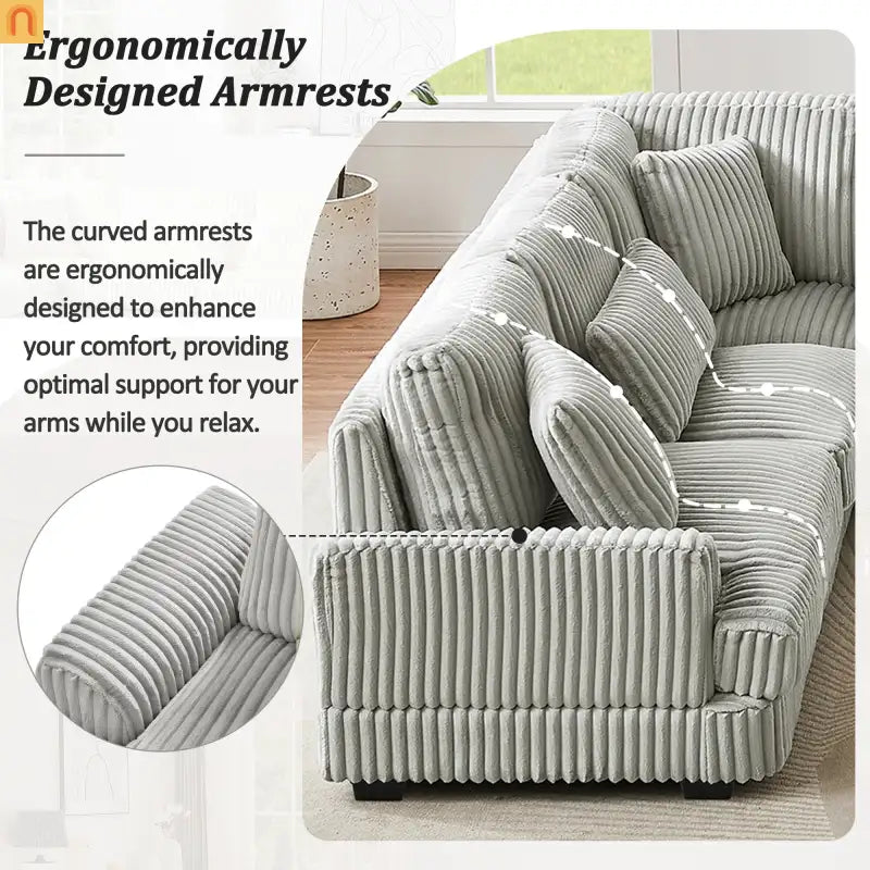 Chaise Lounge Sectional U-Shaped Corduroy Gray 5-Seat 7 Pillows 129in