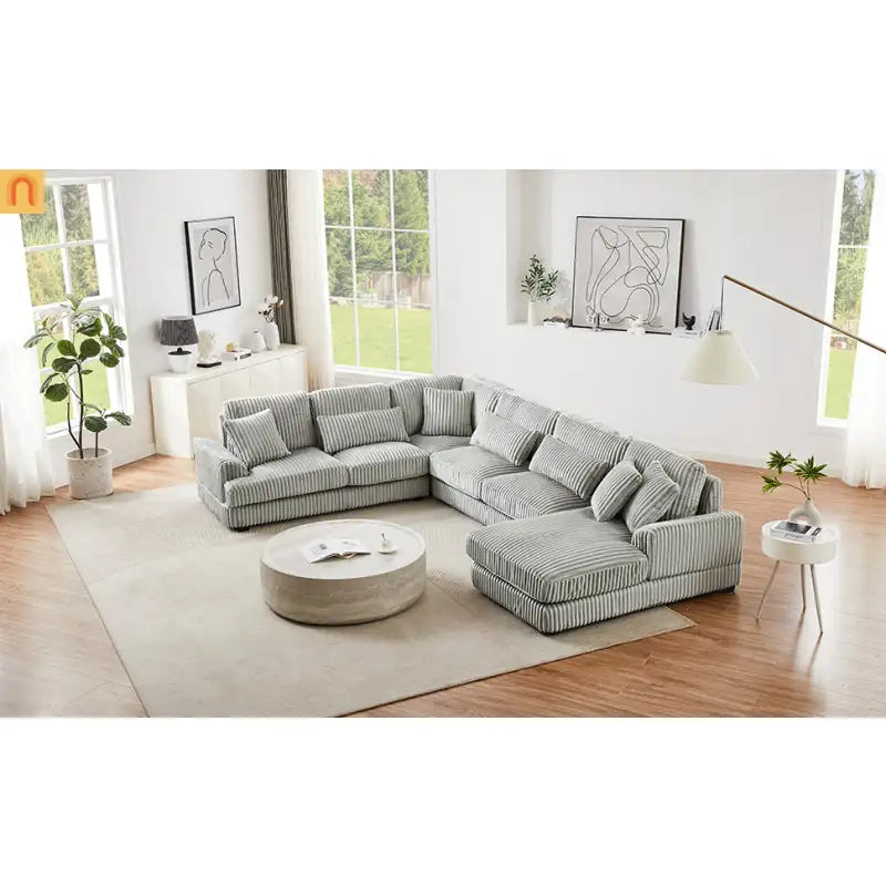 Chaise Lounge Sectional U-Shaped Corduroy Gray 5-Seat 7 Pillows 129in