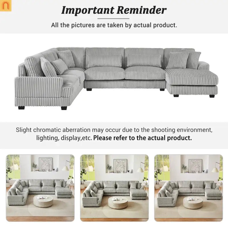 Chaise Lounge Sectional U-Shaped Corduroy Gray 5-Seat 7 Pillows 129in