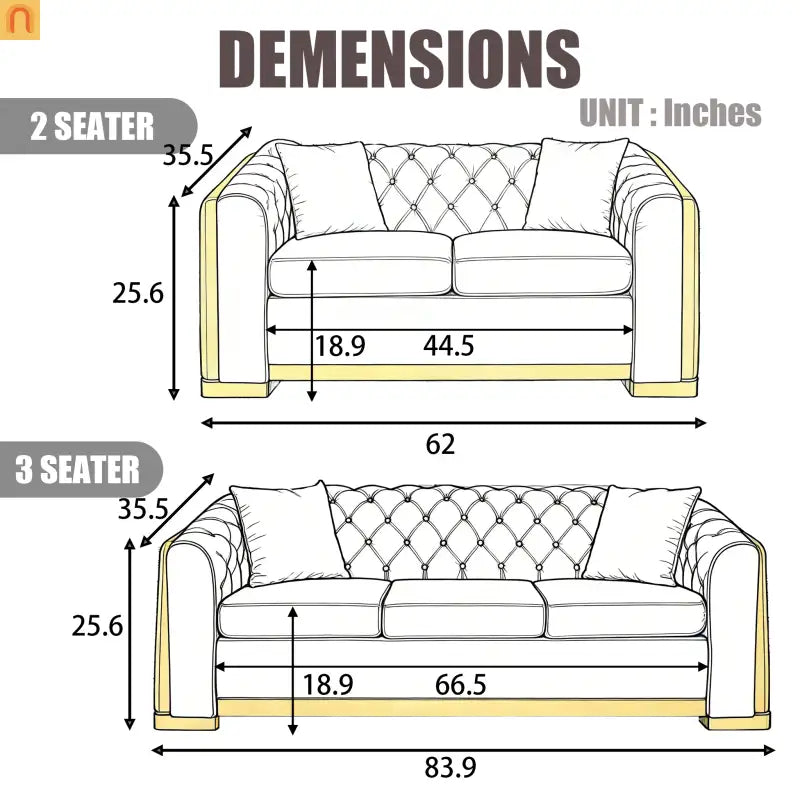 Sofa Chesterfield Velvet Black 2-Piece Tufted Gold Accents