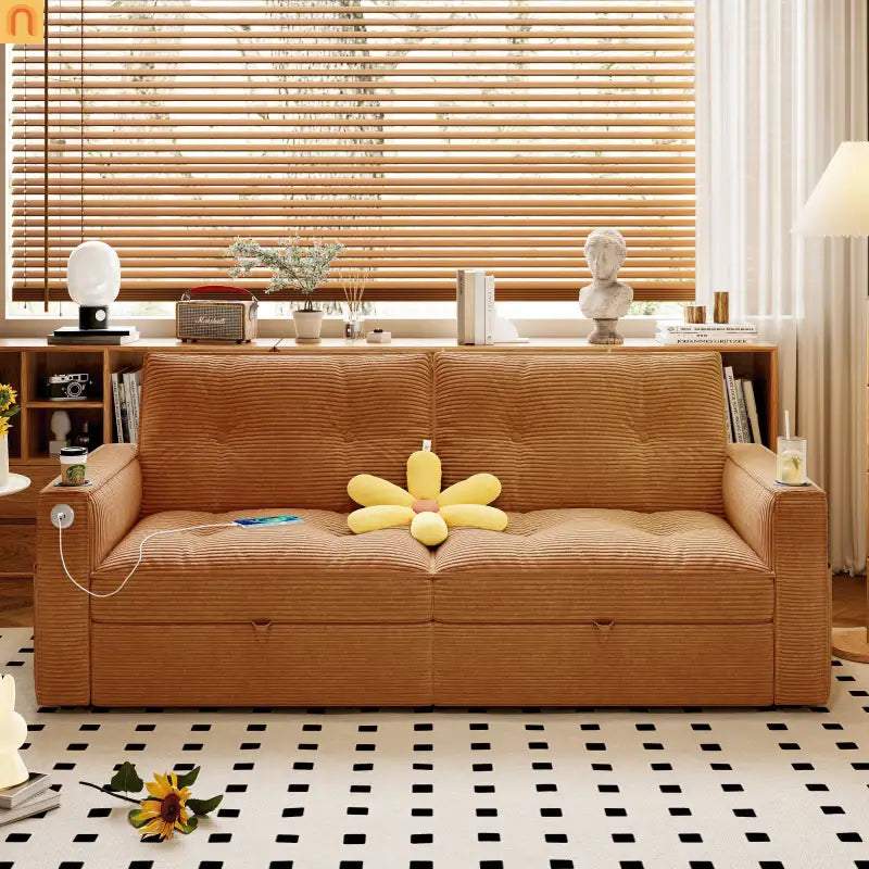 Sofa Convertible Corduroy Orange 73in Steel Frame 600 lb