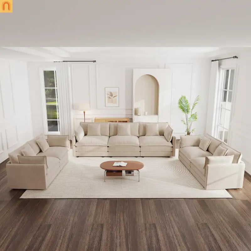 Modular Chenille Sofa Set - 7-Seat 3-Piece Light Coffee