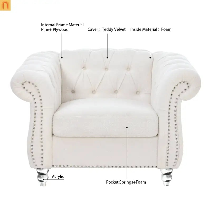 Sofa Modern Velvet White 1-Seat Acrylic Legs Pocket Spring 220 lb 38in